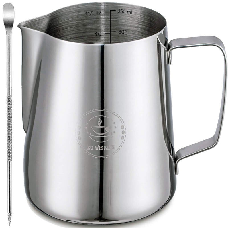 ZOWIE KING Milk Frothing Pitcher 12oz Espresso Steaming Pitchers 350ml Frother cup Coffee Cappuccino Latte Art304 Stainless Steel Jug with Decorating Art Pen 
