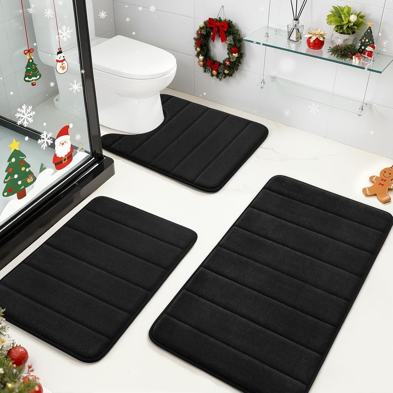 BYSURE Black Memory Foam Bathroom Rug Set 3 Piece, Non Slip Extra Soft Absorbent Washable & Dry Toilet Bath Mat Sets - Image 1