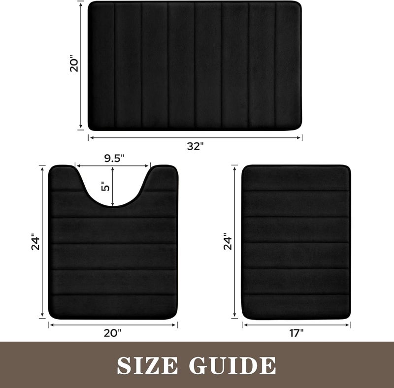 BYSURE Black Memory Foam Bathroom Rug Set 3 Piece, Non Slip Extra Soft Absorbent Washable & Dry Toilet Bath Mat Sets - Image 2
