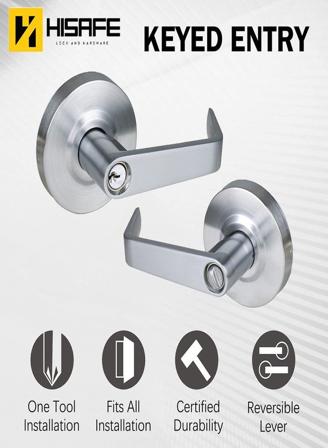 HISAFE Heavy Duty Commercial Grade 2 Keyed Entry Door Lever, Satin Chrome Finished ADA Commercial Handle, UL 3 Hour Fire Rated Ergonomic Lever for Exterior Door and Front Door, 70mm Latch - Image 2