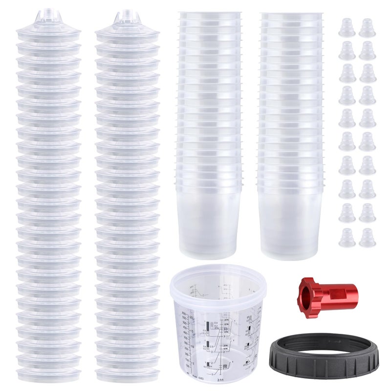 Zeinlenx Disposable Paint Gun Cup, HVLP Paint Sprayer Gun Mixing Cups 20 Ounce(600ML) Kit with 50 Cups and Lids System, 10 Plugs and 1 Hard Cup with Retainer Ring, 1 Cup Adapter - Image 1