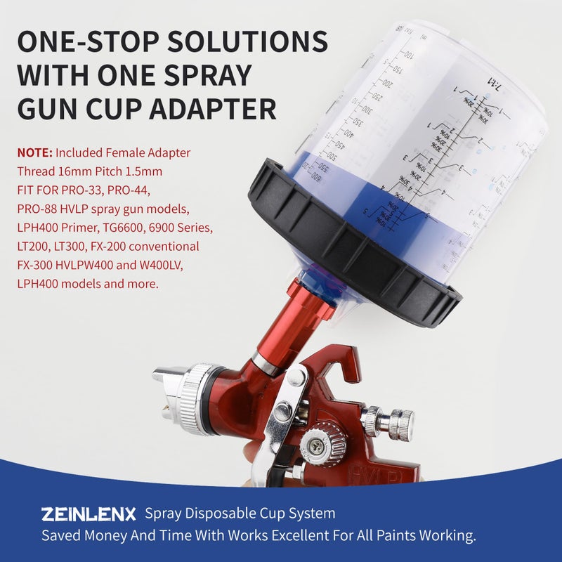 Zeinlenx Disposable Paint Gun Cup, HVLP Paint Sprayer Gun Mixing Cups 20 Ounce(600ML) Kit with 50 Cups and Lids System, 10 Plugs and 1 Hard Cup with Retainer Ring, 1 Cup Adapter - Image 3