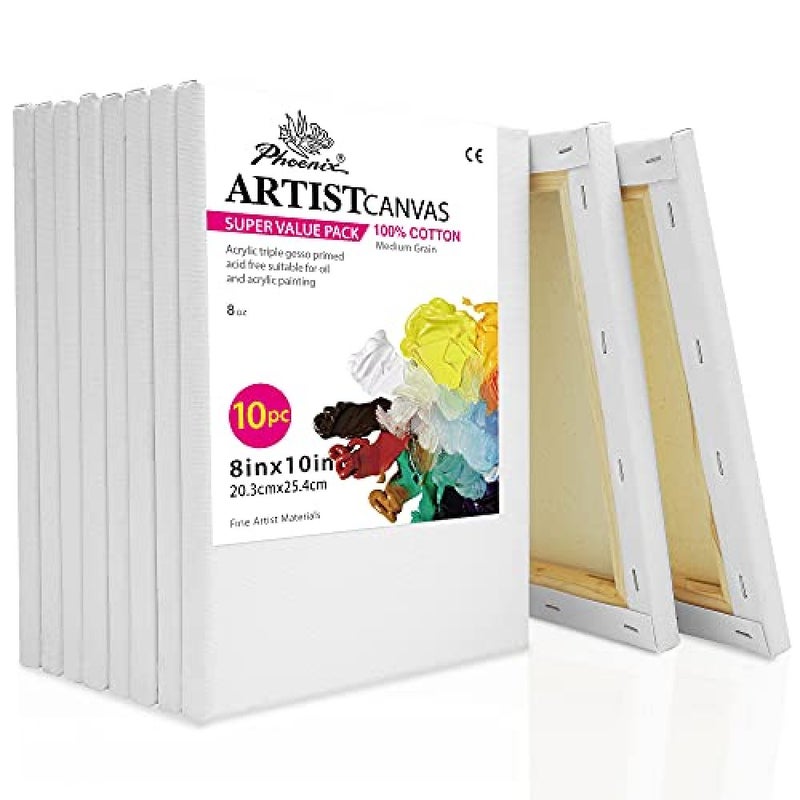 PHOENIX Stretched Canvas for Painting 8x10 Inch/10 Value Pack, 8 Oz Triple Primed 5/8 Inch Profile 100% Cotton White Blank Canvas, Artist Framed Canvas for Oil Acrylic & Pouring Art - Image 1