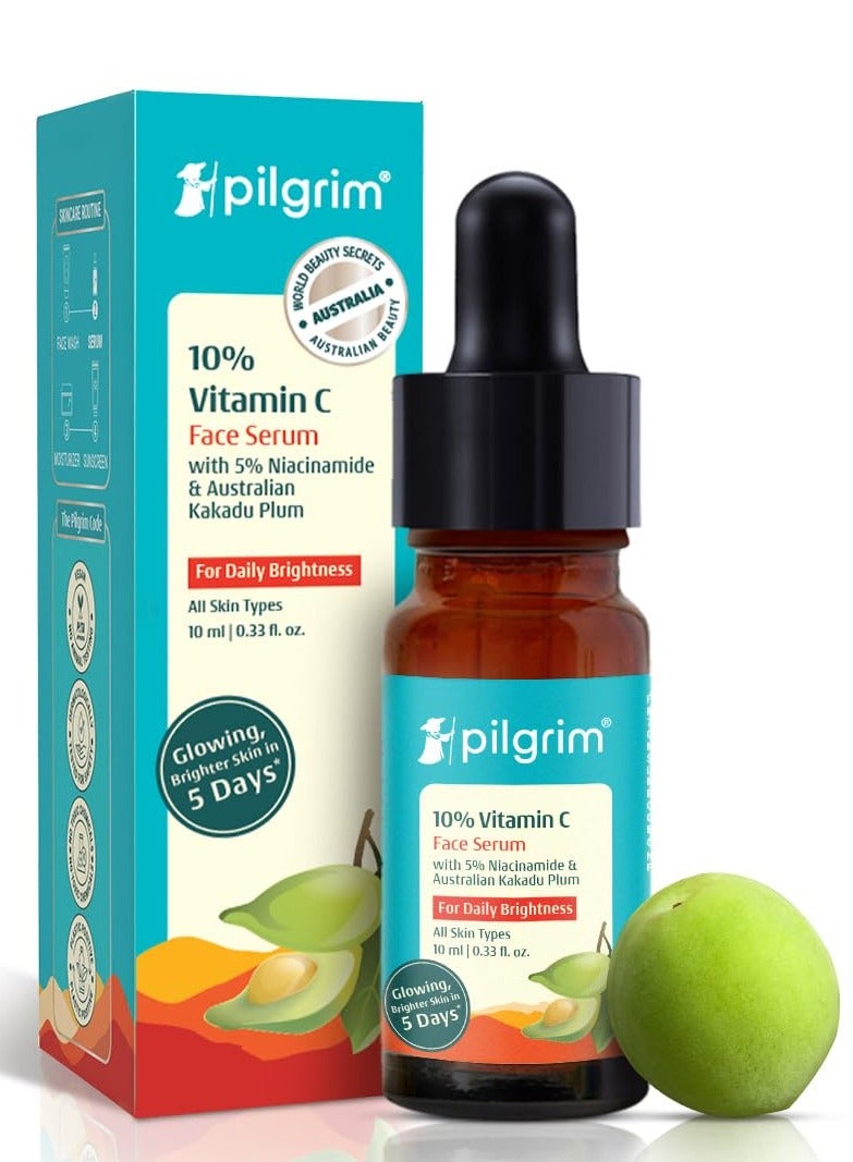 PILGRIM 10 Percent Vitamin C Face Serum 10ml Daily Brightness Glowing Skin Reduces Dark Spots Evens Skin Tone Fragrance Free For Men and Women All Skin Types - Image 1