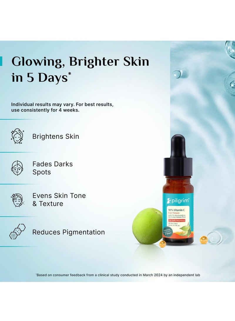 PILGRIM 10 Percent Vitamin C Face Serum 10ml Daily Brightness Glowing Skin Reduces Dark Spots Evens Skin Tone Fragrance Free For Men and Women All Skin Types - Image 3