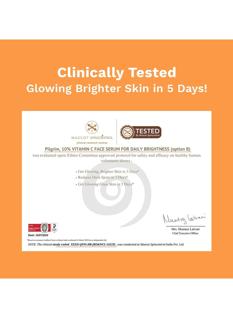 PILGRIM 10 Percent Vitamin C Face Serum 10ml Daily Brightness Glowing Skin Reduces Dark Spots Evens Skin Tone Fragrance Free For Men and Women All Skin Types - Image 4