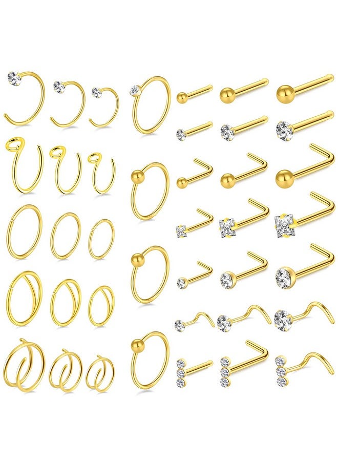 ONESING - 40 Pcs Gold Nose Rings For Women Men 20G Nose Piercing With Nose Ring Hoops L Shape Nose Studs Nose Screw Stainless Steel Nose Studs Cz Heart Star Hypoallergenic Nose Piercing Jewelry - Image 1