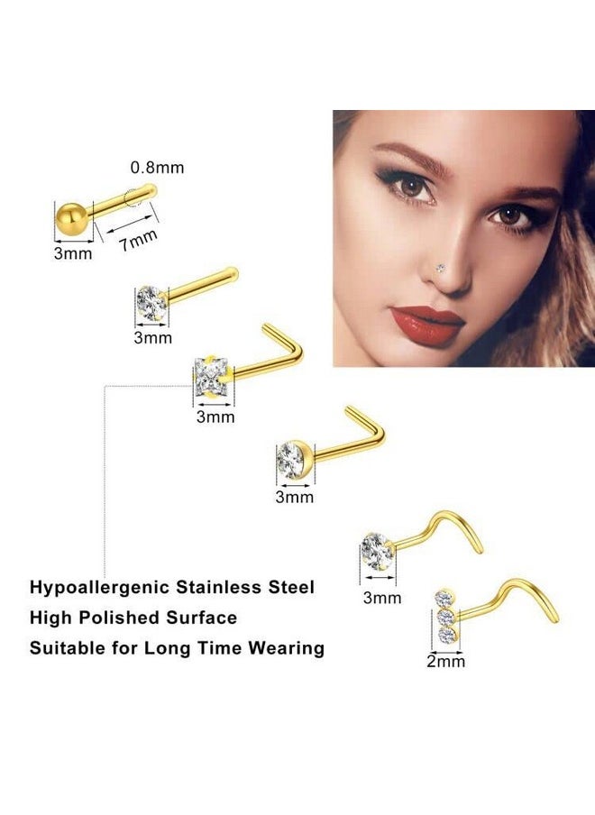 ONESING - 40 Pcs Gold Nose Rings For Women Men 20G Nose Piercing With Nose Ring Hoops L Shape Nose Studs Nose Screw Stainless Steel Nose Studs Cz Heart Star Hypoallergenic Nose Piercing Jewelry - Image 1