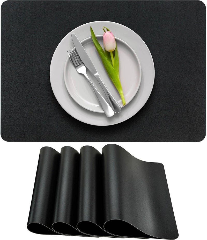More Decor More Décor Faux Leather Placemats for Dining and Kitchen Table - Stain and Heat Resistant, Anti-Slip, Wipable and Washable - Set of 4 and 6 - Solid Colors (Solid Black, 4) - Image 1