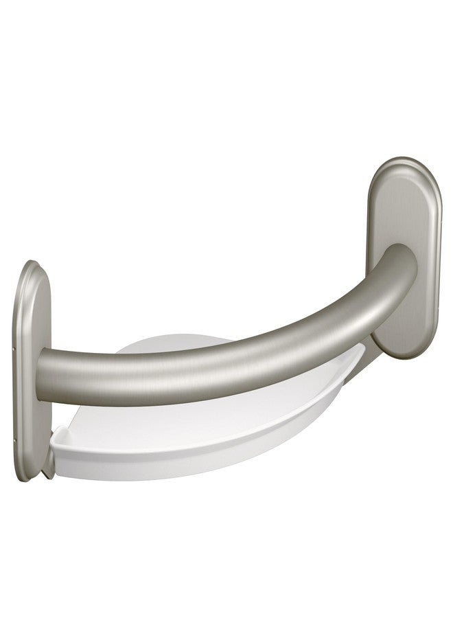 Moen LR2354DBN Bathroom Safety 9-Inch Curved Bathroom Grab Bar with Integrated Corner Shelf, Brushed Nickel - Image 1