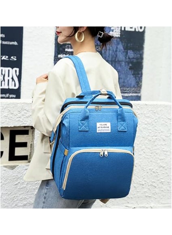 شنطة ظهر للحفاضات فاخرة وانيقة ومتعددة الوظائف قابلة للتحويل الى سرير للاطفال مناسبة لتخزين الببرونة والملابس والطعام لون ازرق - Image 3