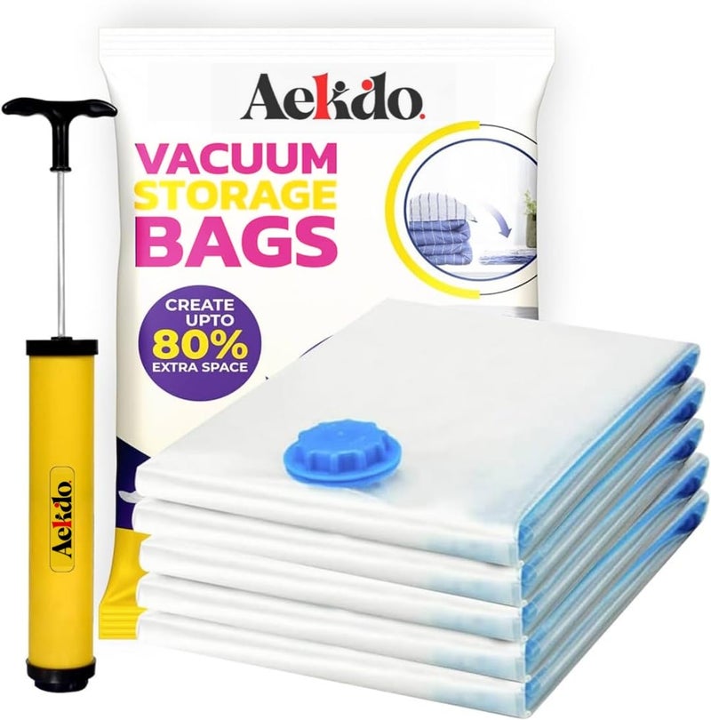 AEKDO Reusable Ziplock Vacuum Storage Space Saver Bags for Clothes with Travel Hand Pump2S40cmx60cm 2M 50cmx70cm 1L60cmx80cm Small2Medium2Large 1 Pack of 5 PP Multicolour - Image 1