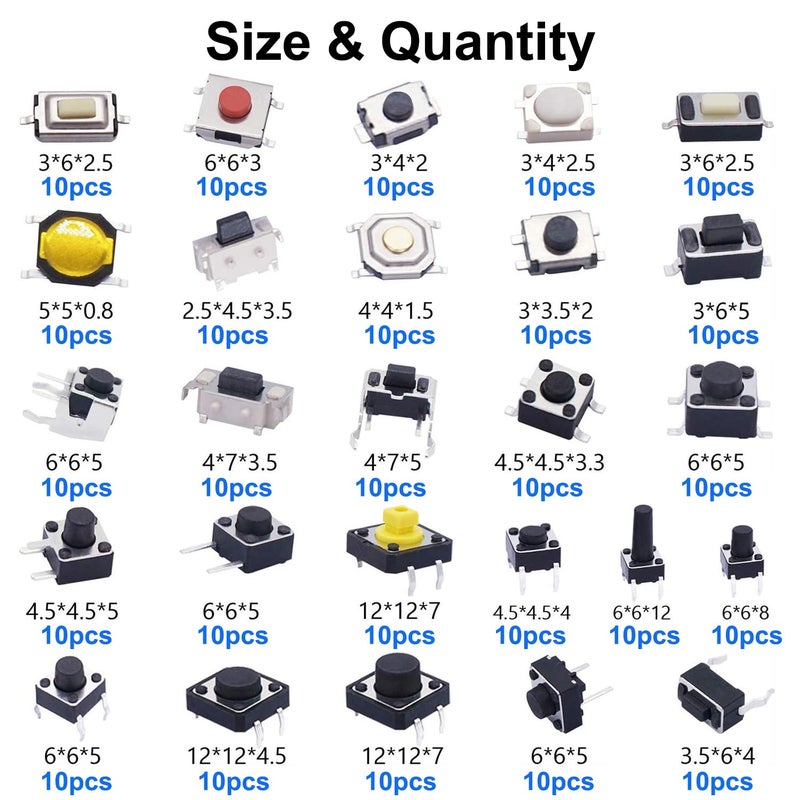 TWTADE Micro Momentary Tactile Push Button Switch 26 Values 4 pin/3 pin/2 pin Tact Switch Assortment Kit (260Pcs) - Image 2