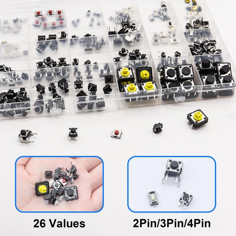 TWTADE Micro Momentary Tactile Push Button Switch 26 Values 4 pin/3 pin/2 pin Tact Switch Assortment Kit (260Pcs) - Image 4