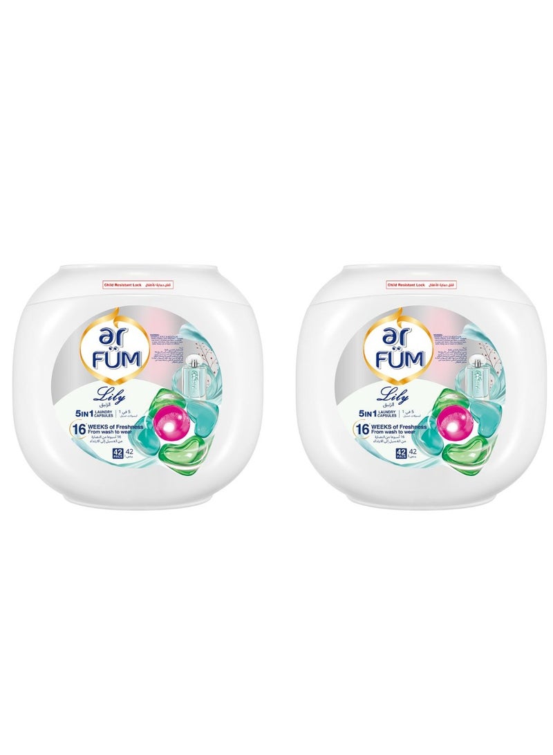 ar FUM ArFum PODS, 5-in-1 Laundry Detergent Capsules with Scent Booster, Detergent Concentrate, Softener, Color Protect, Stain Remover, 16 Weeks Fragrance, 42 Pods, Lily, Pack of 2 X 42 Pods (84 Capsules) - Image 1