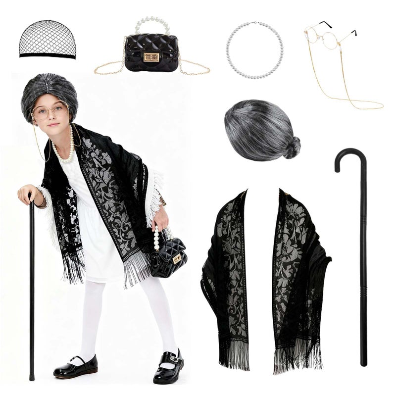 Waybas Elegant Old Lady Costume for Kids, 100th Days of School Girl Grandma Costume Granny Wig costume Dress Up for School Halloween - Image 1
