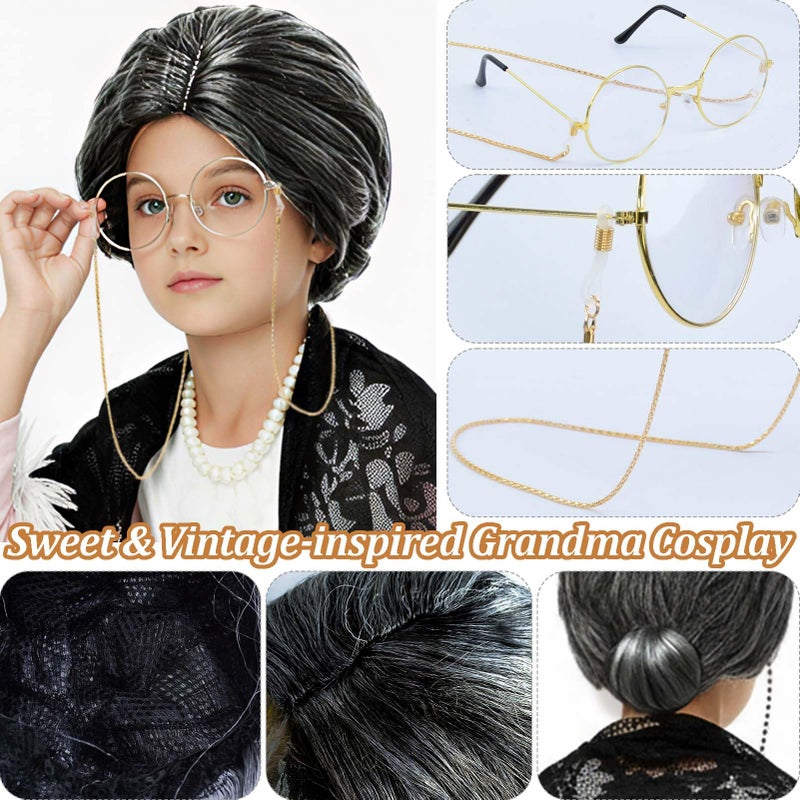 Waybas Elegant Old Lady Costume for Kids, 100th Days of School Girl Grandma Costume Granny Wig costume Dress Up for School Halloween - Image 4