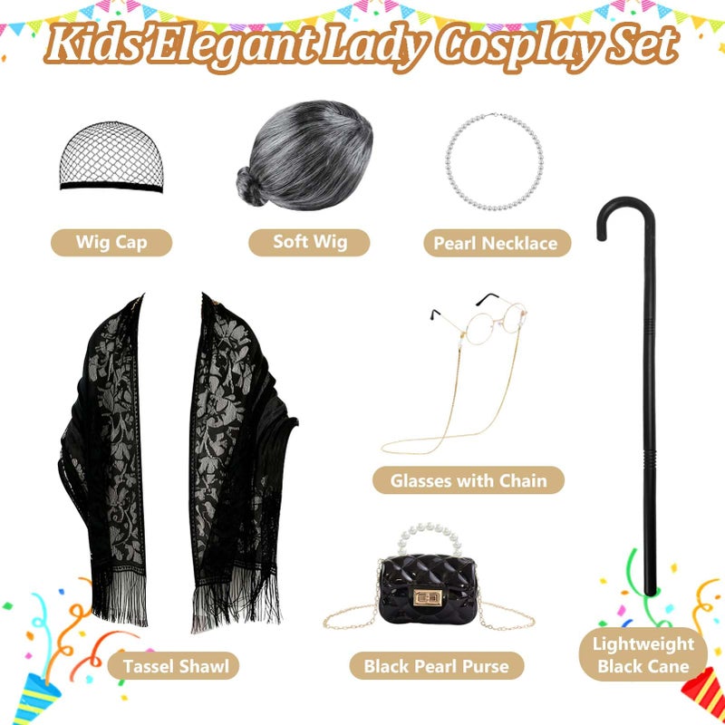 Waybas Elegant Old Lady Costume for Kids, 100th Days of School Girl Grandma Costume Granny Wig costume Dress Up for School Halloween - Image 2