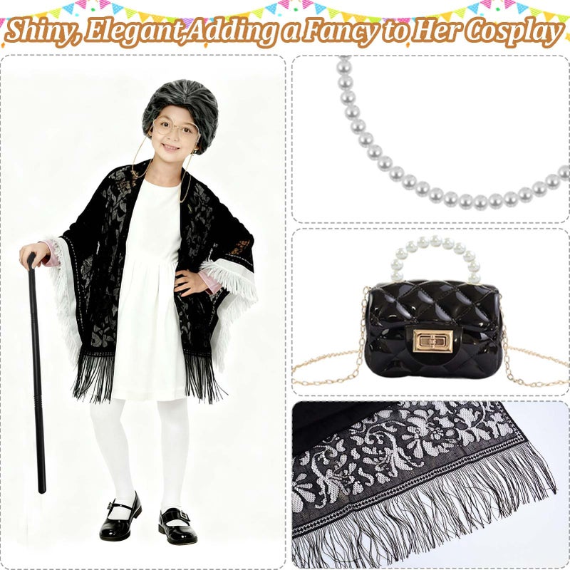 Waybas Elegant Old Lady Costume for Kids, 100th Days of School Girl Grandma Costume Granny Wig costume Dress Up for School Halloween - Image 5