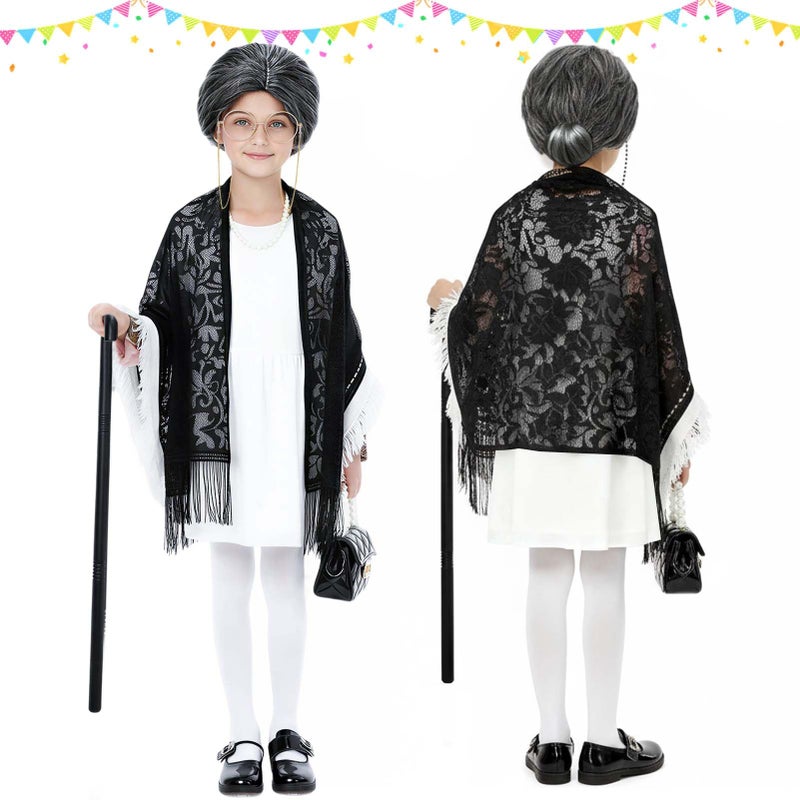 Waybas Elegant Old Lady Costume for Kids, 100th Days of School Girl Grandma Costume Granny Wig costume Dress Up for School Halloween - Image 3