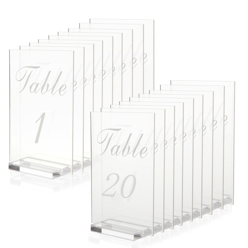 FVIEXE 20PCS Acrylic Wedding Table Numbers 1-20 with Stands, 4x6 inches Clear Table Numbers for Wedding Party Reception Sign Place Number Cards Printed Calligraphy Font for Event Banquet Anniversary - Image 1