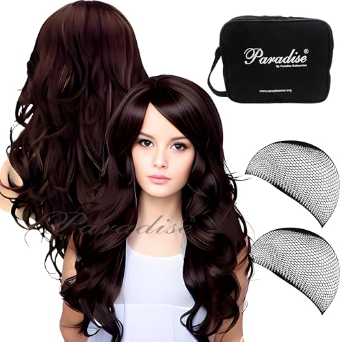 Paradise Hair Wig for Women Long Brown With Burgundy Highlights Wig for Women 28’’ Long Straight Brown Hair Wig Natural Cute Wigs for Daily Party Halloween (Includes 2 Wig Cap And 1 Carry Pouch) (Dark Brown) - Image 2
