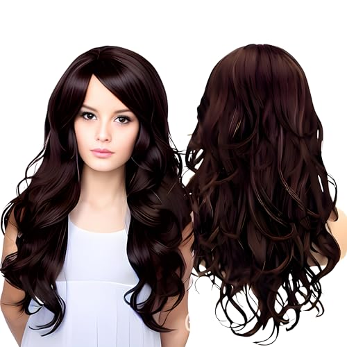 Paradise Hair Wig for Women Long Brown With Burgundy Highlights Wig for Women 28’’ Long Straight Brown Hair Wig Natural Cute Wigs for Daily Party Halloween (Includes 2 Wig Cap And 1 Carry Pouch) (Dark Brown) - Image 1