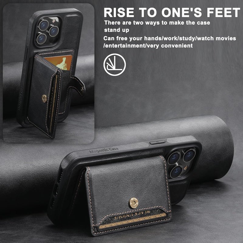 YUANSHXM-Magnetic Case for iPhone 16 Pro Max/16 Pro/16 Plus/16,for Women Men Detachable Wallet Case with Card Holder Business Retro Logo View Leather Phone Cover (Black,16) - Image 5