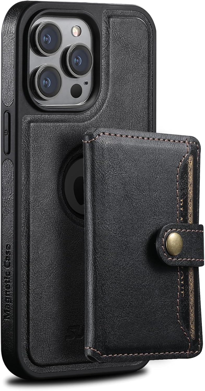 YUANSHXM-Magnetic Case for iPhone 16 Pro Max/16 Pro/16 Plus/16,for Women Men Detachable Wallet Case with Card Holder Business Retro Logo View Leather Phone Cover (Black,16) - Image 1