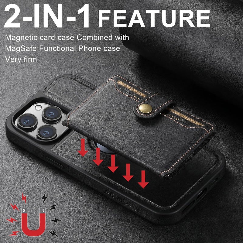 YUANSHXM-Magnetic Case for iPhone 16 Pro Max/16 Pro/16 Plus/16,for Women Men Detachable Wallet Case with Card Holder Business Retro Logo View Leather Phone Cover (Black,16) - Image 2