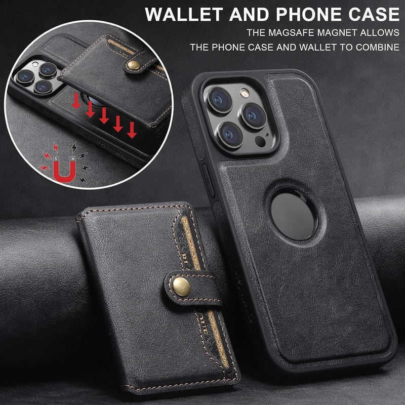 YUANSHXM-Magnetic Case for iPhone 16 Pro Max/16 Pro/16 Plus/16,for Women Men Detachable Wallet Case with Card Holder Business Retro Logo View Leather Phone Cover (Black,16) - Image 3