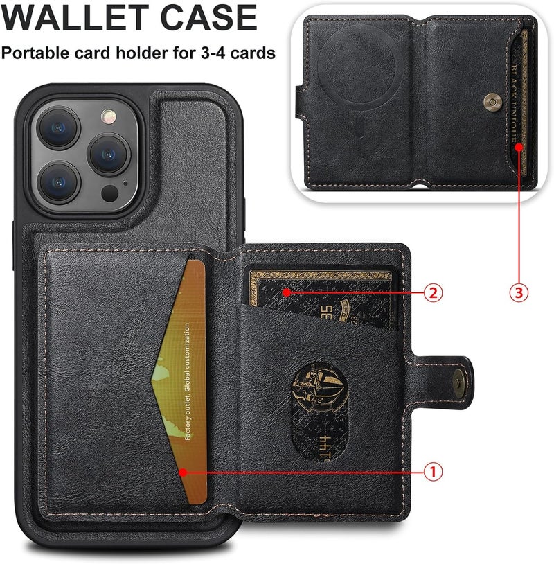 YUANSHXM-Magnetic Case for iPhone 16 Pro Max/16 Pro/16 Plus/16,for Women Men Detachable Wallet Case with Card Holder Business Retro Logo View Leather Phone Cover (Black,16) - Image 4