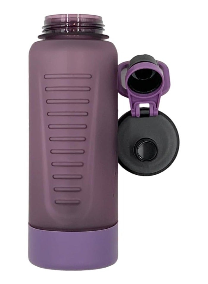 VIO Sports Water Bottle Time Marker Leak Proof Reusable Motivational Drinking Fitness 1L Jug Portable Sturdy Daily Use Anti Slip Base Drinkware for Men Women Kids School Sports Fitness Purple - Image 1