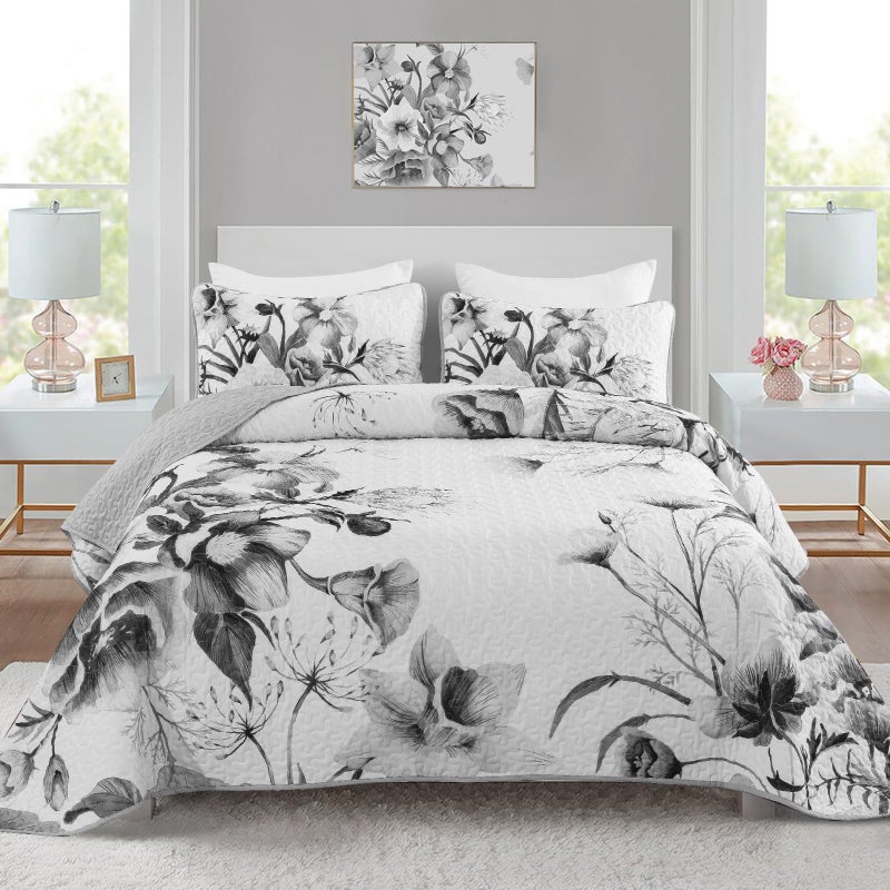Drucon Floral Quilt Set Queen 3 Pieces Grey Floral Quilt Coverlet Set Soft Microfiber Lightweight White Quilted Bedspread for All Season 90"x96" - Image 1
