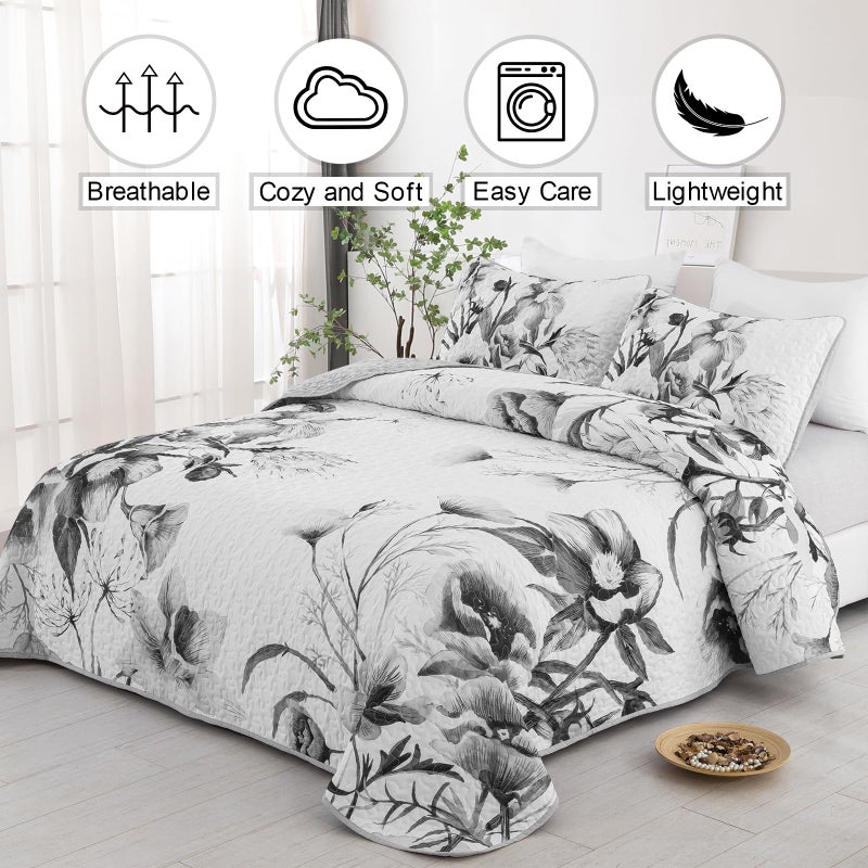 Drucon Floral Quilt Set Queen 3 Pieces Grey Floral Quilt Coverlet Set Soft Microfiber Lightweight White Quilted Bedspread for All Season 90"x96" - Image 2