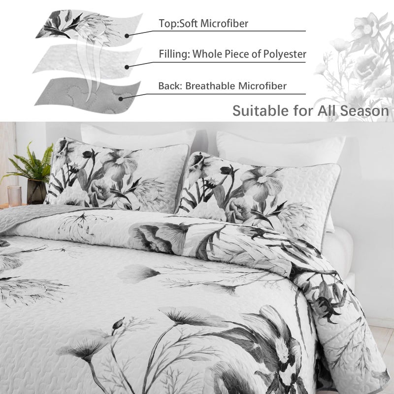 Drucon Floral Quilt Set Queen 3 Pieces Grey Floral Quilt Coverlet Set Soft Microfiber Lightweight White Quilted Bedspread for All Season 90"x96" - Image 5