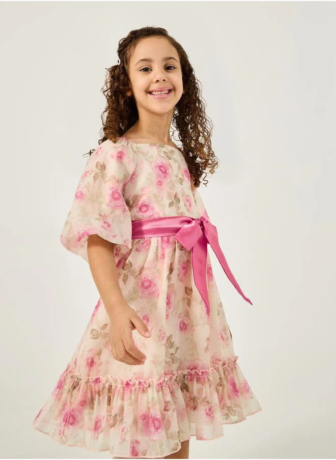 ستايلي Floral Print Organza Dress with Bow Tie Belt