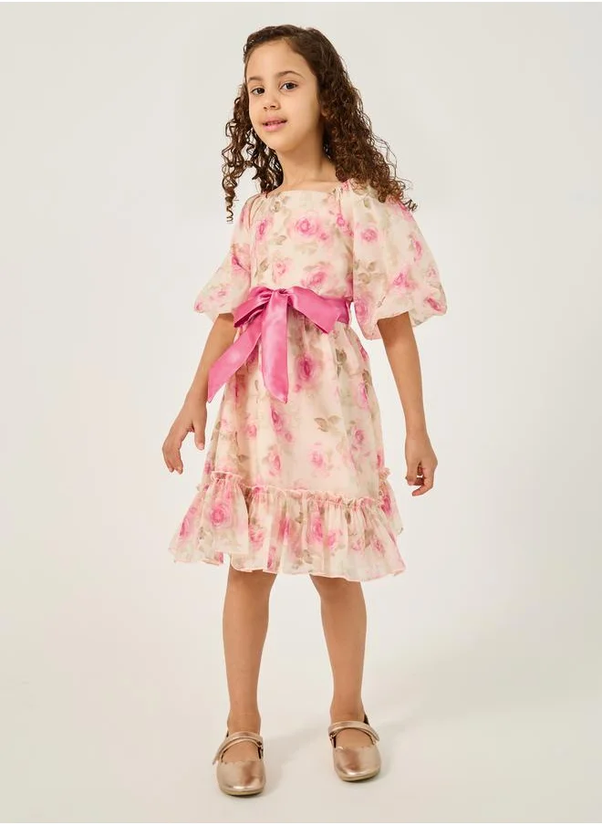 ستايلي Floral Print Organza Dress with Bow Tie Belt