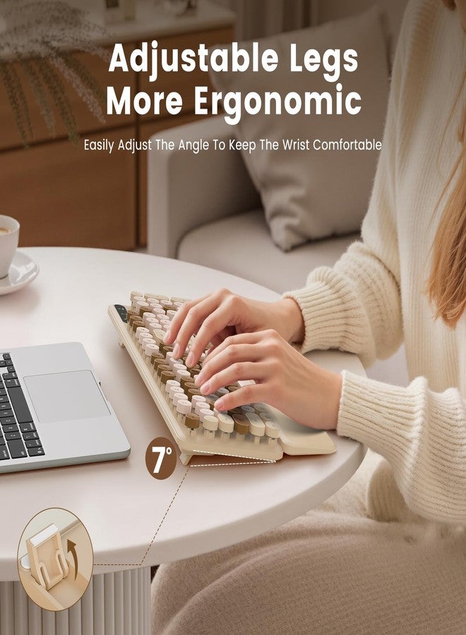 SABLUTE Wireless Keyboard, Round Keycaps, Retro Typewriter Keyboard with Detachable Wrist Rest, Sleep Mode, Foldable Legs, 2.4GHz Full-Size Cordless Computer Keyboard for Windows/PC/Laptop (Latte) - Image 3