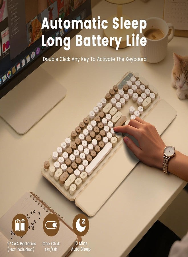 SABLUTE Wireless Keyboard, Round Keycaps, Retro Typewriter Keyboard with Detachable Wrist Rest, Sleep Mode, Foldable Legs, 2.4GHz Full-Size Cordless Computer Keyboard for Windows/PC/Laptop (Latte) - Image 4