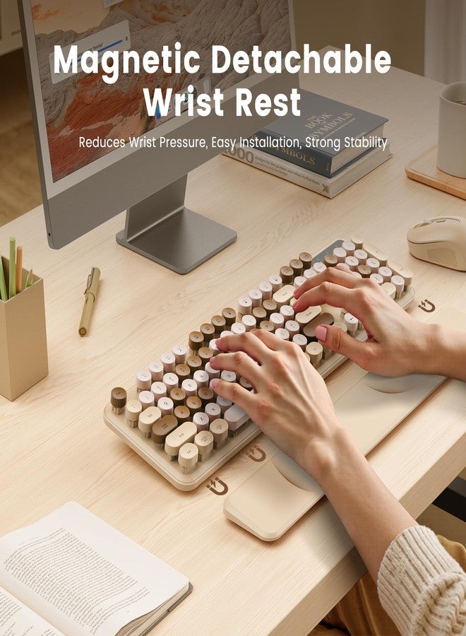 SABLUTE Wireless Keyboard, Round Keycaps, Retro Typewriter Keyboard with Detachable Wrist Rest, Sleep Mode, Foldable Legs, 2.4GHz Full-Size Cordless Computer Keyboard for Windows/PC/Laptop (Latte) - Image 2