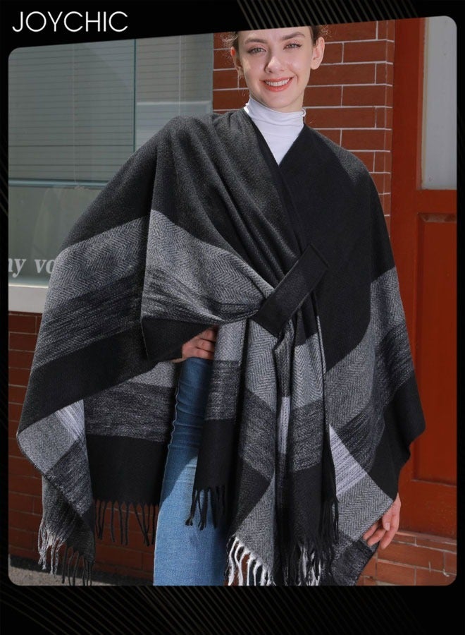 Joychic شال مخطط مزود بأشرطة للخريف والشتاء دافئ ومقاوم للرياح للنساء - Image 1