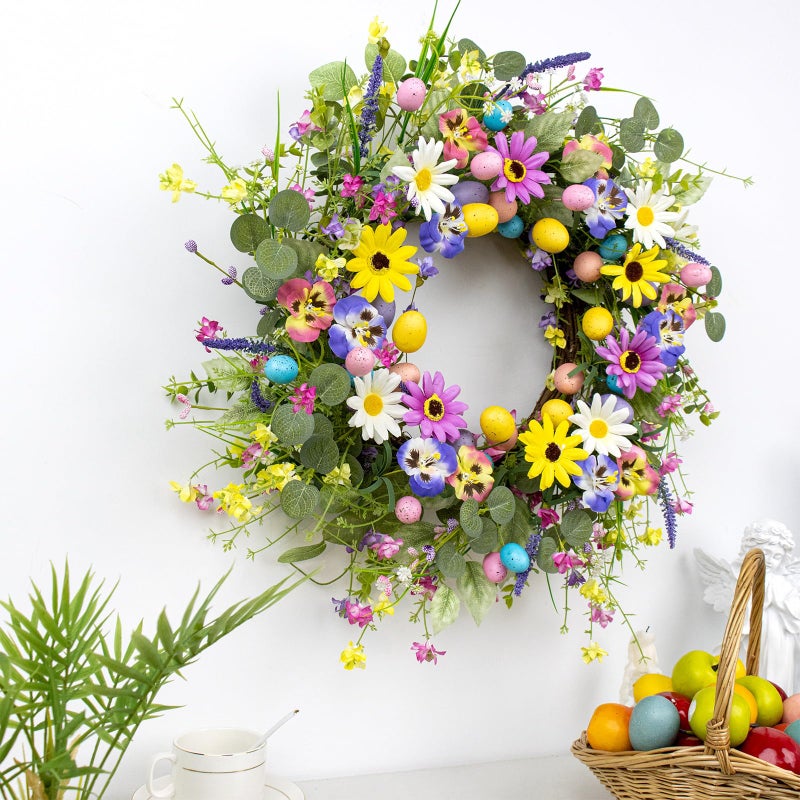 Yawwind 20 Inches Farmhouse Easter Wreaths Pastel Easter Wreaths for Front Door Rustic Easter Flower Wreath Colorful Egg Wreath with Wildflower Orchid for Holiday Window Porches Indoor - Image 3