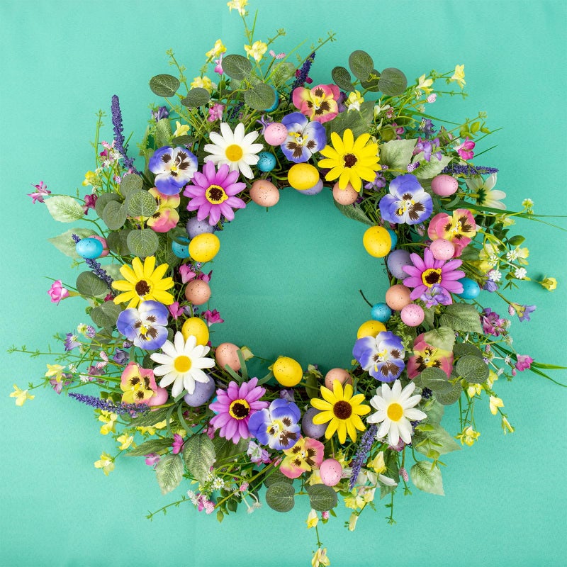 Yawwind 20 Inches Farmhouse Easter Wreaths Pastel Easter Wreaths for Front Door Rustic Easter Flower Wreath Colorful Egg Wreath with Wildflower Orchid for Holiday Window Porches Indoor - Image 4