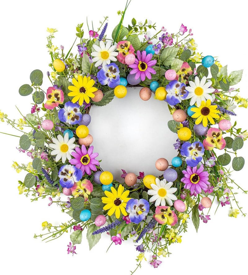 Yawwind 20 Inches Farmhouse Easter Wreaths Pastel Easter Wreaths for Front Door Rustic Easter Flower Wreath Colorful Egg Wreath with Wildflower Orchid for Holiday Window Porches Indoor - Image 1