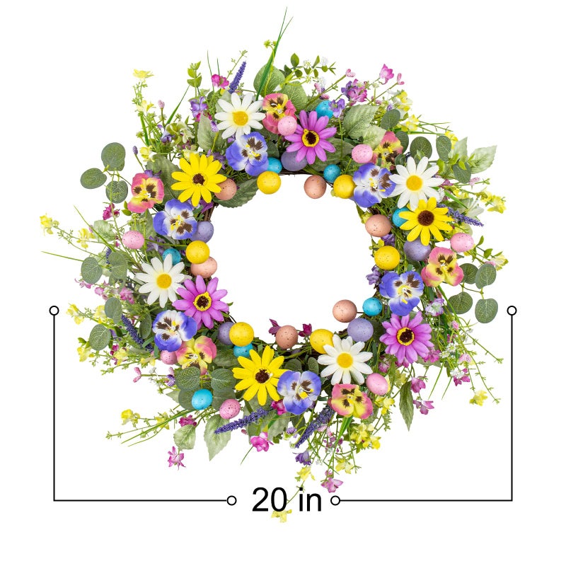 Yawwind 20 Inches Farmhouse Easter Wreaths Pastel Easter Wreaths for Front Door Rustic Easter Flower Wreath Colorful Egg Wreath with Wildflower Orchid for Holiday Window Porches Indoor - Image 5