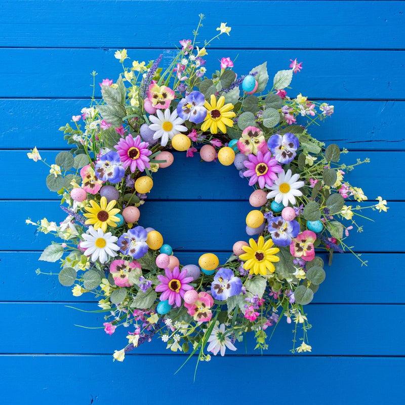 Yawwind 20 Inches Farmhouse Easter Wreaths Pastel Easter Wreaths for Front Door Rustic Easter Flower Wreath Colorful Egg Wreath with Wildflower Orchid for Holiday Window Porches Indoor - Image 2