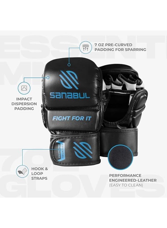 Sanabul  Essential 7 oz MMA Gloves Men & Women | Gloves for Martial Arts Sparring & Training Gloves | Hybrid MMA Kick Boxing Gloves Men | Grappling Gloves (Black/Blue, Small/Medium) - Image 3
