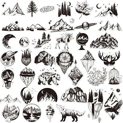 Ooopsiun 30 Sheets Small Black Mountain Planet Temporary Tattoos for Men Women - Unique Realistic Waterproof Forest Triangle Designs Body Art Tattoos for Adults - Image 1
