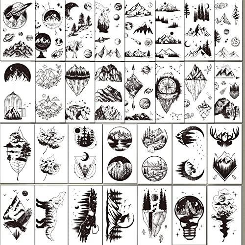 Ooopsiun 30 Sheets Small Black Mountain Planet Temporary Tattoos for Men Women - Unique Realistic Waterproof Forest Triangle Designs Body Art Tattoos for Adults - Image 2